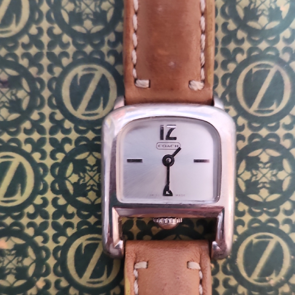 COACH Square Face Quartz Watch, Swiss Made, Brown Leather Band